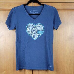 Life Is Good Navy Blue Crusher V-Neck Superpower Love Heart Short Sleeve Tee - S